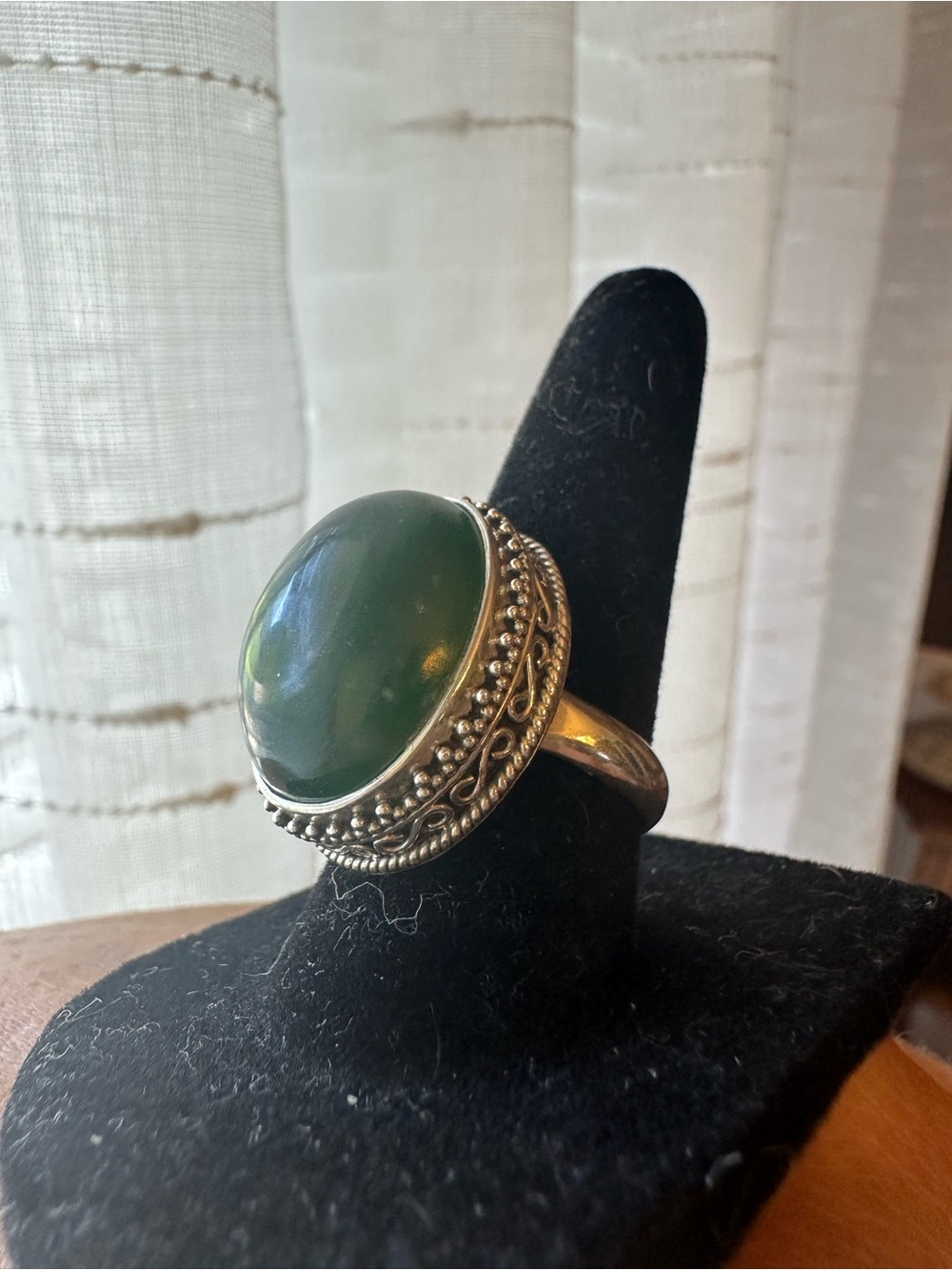 Vtg Green Jade Cabochon Statement Ring Size 7.5 Sterling Silver 925